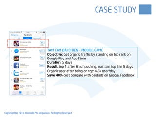 CASE STUDY
TAM CAM DAI CHIEN – MOBILE GAME
Objective: Get organic traffic by standing on top rank on
Google Play and App Store
Duration: 5 days
Result: top 1 after 6h of pushing, maintain top 5 in 5 days
Organic user after being on top: 4-5k user/day
Save 40% cost compare with paid ads on Google, Facebook
Copyright(C) 2016 Ecomobi Pte Singapore. All Rights Reserved
 