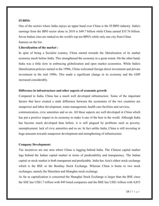 IT/BPO:
One of the sectors where India enjoys an upper hand over China is the IT/BPO industry. India's
earnings from the BPO sector alone in 2010 is $49.7 billion while China earned $35.76 billion.
Seven Indian cites are ranked as the world's top ten BPO's while only one city from China
features on the list.
Liberalization of the market :
In spite of being a Socialist country, China started towards the liberalization of its market
economy much before India. This strengthened the economy to a great extent. On the other hand,
India was a little slow in embracing globalization and open market economies. While India's
liberalization policies started in the 1990s, China welcomed foreign direct investment and private
investment in the mid 1980s. This made a significant change in its economy and the GDP
increased considerably.


Difference in infrastructure and other aspects of economic growth:
Compared to India, China has a much well developed infrastructure. Some of the important
factors that have created a stark difference between the economies of the two countries are
manpower and labor development, water management, health care facilities and services,
communication, civic amenities and so on. All these aspects are well developed in China which
has put a positive impact in its economy to make it one of the best in the world. Although India
has become much developed than before, it is still plagued by problems such as poverty,
unemployment, lack of civic amenities and so on. In fact unlike India, China is still investing in
huge amounts towards manpower development and strengthening of infrastructure.


Company Development:
Tax incentives are one area where China is lagging behind India. The Chinese capital market
lags behind the Indian capital market in terms of predictability and transparency. The Indian
capital or stock market is both transparent and predictable. India has Asia's oldest stock exchange
which is the BSE or the Bombay Stock Exchange. Whereas China is home to two stock
exchanges, namely the Shenzhen and Shanghai stock exchange.
As far as capitalization is concerned the Shanghai Stock Exchange is larger than the BSE since
the SSE has US$1.7 trillion with 849 listed companies and the BSE has US$1 trillion with 4,833

                                                                                       18 | P a g e
 