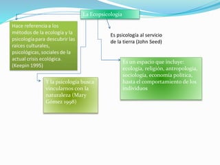 La Ecopsicologia
Y la psicología busca
vincularnos con la
naturaleza (Mary
Gómez 1998)
Es psicología al servicio
de la tierra (John Seed)
Es un espacio que incluye:
ecología, religión, antropología,
sociología, economía política,
hasta el comportamiento de los
individuos
 