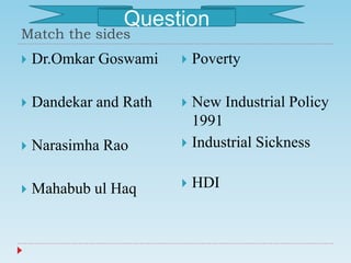 Match the sides
 Dr.Omkar Goswami
 Dandekar and Rath
 Narasimha Rao
 Mahabub ul Haq
 Poverty
 New Industrial Policy
1991
 Industrial Sickness
 HDI
Question
 