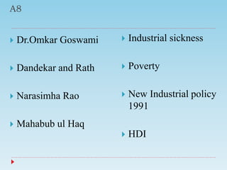 A8
 Dr.Omkar Goswami
 Dandekar and Rath
 Narasimha Rao
 Mahabub ul Haq
 Industrial sickness
 Poverty
 New Industrial policy
1991
 HDI
 