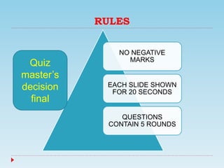 RULES
NO NEGATIVE
MARKS
EACH SLIDE SHOWN
FOR 20 SECONDS
QUESTIONS
CONTAIN 5 ROUNDS
Quiz
master’s
decision
final
 