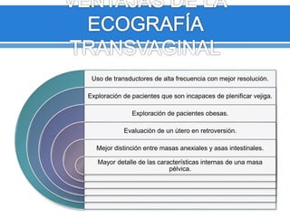 Uso de transductores de alta frecuencia con mejor resolución.
Exploración de pacientes que son incapaces de plenificar vejiga.
Exploración de pacientes obesas.
Evaluación de un útero en retroversión.
Mejor distinción entre masas anexiales y asas intestinales.
Mayor detalle de las características internas de una masa
pélvica.
 