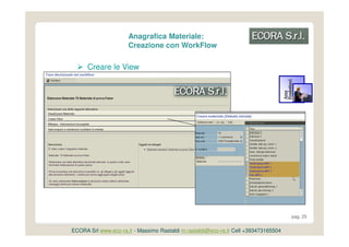 Anagrafica Materiale:
                      Creazione con WorkFlow

      Creare le View




                                                                                     Prodottuvi
                                                                                     Area

                                                                                     a
                                                                                           pag. 25


ECORA Srl www.eco-ra.it - Massimo Rastaldi m.rastaldi@eco-ra.it Cell +393473165504
 