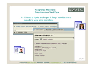 Anagrafica Materiale:
                                 Creazione con WorkFlow

                 Il flusso si ripete anche per il Resp. Vendite sino a
                 quando le view sono complete.




                                                                                            Vendite
                                                                                            Area
Codifica
Ufficio




                                                                                                      pag. 27


           ECORA Srl www.eco-ra.it - Massimo Rastaldi m.rastaldi@eco-ra.it Cell +393473165504
 