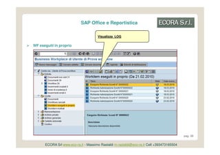 SAP Office e Reportistica

                                      Visualizza LOG

WF eseguiti in proprio




                                                                                           pag. 38


      ECORA Srl www.eco-ra.it - Massimo Rastaldi m.rastaldi@eco-ra.it Cell +393473165504
 
