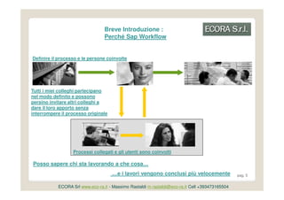 Breve Introduzione :
                                  Perché Sap Workflow


Definire il processo e le persone coinvolte




Tutti i miei colleghi partecipano
nel modo definito e possono
persino invitare altri colleghi a
dare il loro apporto senza
interrompere il processo originale




                   Processi collegati e gli utenti sono coinvolti

Posso sapere chi sta lavorando a che cosa…
                                     …e i lavori vengono conclusi più velocemente                pag. 5


            ECORA Srl www.eco-ra.it - Massimo Rastaldi m.rastaldi@eco-ra.it Cell +393473165504
 