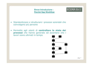 Breve Introduzione :
                       Perché Sap Workflow




• Standardizzare e strutturare i processi aziendali che
  coinvolgono più persone

• Permette agli utenti di controllare lo stato dei
  processi che hanno generato ed accertarsi che i
  lavori siano ultimati in tempo




                                                          pag. 7
 