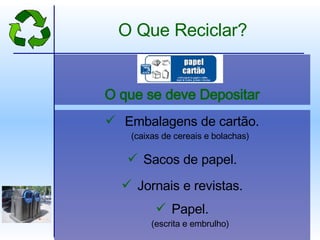 Embalagens de cartão. (caixas de cereais e bolachas) Sacos de papel. Jornais e revistas. Papel. (escrita e embrulho) O que se deve Depositar O Que Reciclar? 