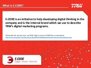 E.CORE is an initiative to help developing digital thinking in the
company and is the internal brand which we use to describe
TRW’s digital marketing programs.
What is E.CORE?
Follow this link and use your „my TRW“ login to access E.CORE files on sharepoint:
https://trw1.sharepoint.com/sites/ps/mt/ECORE%20%20Digital%20Transformation/Forms/AllItems.aspx
 
