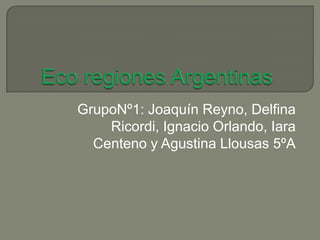 Eco regiones Argentinas GrupoNº1: Joaquín Reyno, Delfina Ricordi, Ignacio Orlando, Iara Centeno y Agustina Llousas 5ºA 