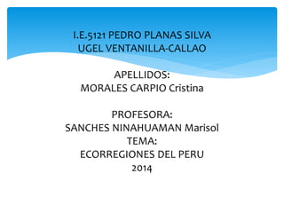 I.E.5121 PEDRO PLANAS SILVA
UGEL VENTANILLA-CALLAO
APELLIDOS:
MORALES CARPIO Cristina
PROFESORA:
SANCHES NINAHUAMAN Marisol
TEMA:
ECORREGIONES DEL PERU
2014
 