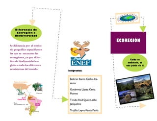 Beltrán Ibarra Keshia Ira-
sema
Gutiérrez López Kenia
Monne
Tirado Rodríguez Leslie
Jacqueline
Trujillo Leyva Kenia Paola
Diferencia de
Ecoregión a
Biodiversidad
Se diferencia por el territo-
rio geográfico especifico en
las que se encuentra las
ecoregiones, ya que al ha-
blar de biodiversidad en-
globa a todo los diferentes
ecosistemas del mundo.
Integrantes:
ECOREGIÓN
Nombre del trabajo
Cuida tu
ambiente, es
una parte de ti