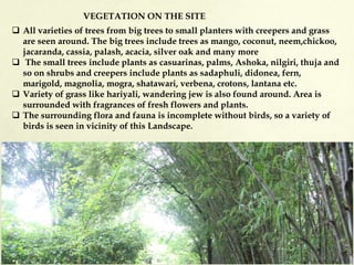  All varieties of trees from big trees to small planters with creepers and grass
are seen around. The big trees include trees as mango, coconut, neem,chickoo,
jacaranda, cassia, palash, acacia, silver oak and many more
 The small trees include plants as casuarinas, palms, Ashoka, nilgiri, thuja and
so on shrubs and creepers include plants as sadaphuli, didonea, fern,
marigold, magnolia, mogra, shatawari, verbena, crotons, lantana etc.
 Variety of grass like hariyali, wandering jew is also found around. Area is
surrounded with fragrances of fresh flowers and plants.
 The surrounding flora and fauna is incomplete without birds, so a variety of
birds is seen in vicinity of this Landscape.
VEGETATION ON THE SITE
 