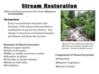 Stream Restoration Before studying measures lets study  Stream as an Ecosystem Ecosystem Every ecosystem has structures and functions, if the balance between them is maintained we get services from it.  Any change in structures or functions hampers the balance and hence the services. Meander, Pools, Riparian Vegetation, Medium size boulders, Medium size channel – Stream in Middle reaches  Structures of Stream Ecosystem Steps in upper reaches, Pools in all reaches, Riffles in middle and lower reaches, Meanders in plains,  Point Bars in stream channel, Banks on both sides, Floodplains, Components of Stream Ecosystem Watershed, Riparian Vegetation, Stream Channel 