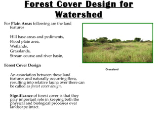 Forest Cover Design for Watershed For  Plain Areas  following are the land features Hill base areas and pediments, Flood plain area, Wetlands, Grasslands, Stream course and river basin, Forest Cover Design An association between these land features and naturally occurring flora, resulting into relative fauna over there can be called as  forest cover design . Significance  of forest cover is that they play important role in keeping both the physical and biological processes over landscape intact. Grassland 