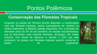 Pontos Polêmicos
   Conservação das Florestas Tropicais
Enquanto os países de Primeiro Mundo defendem a conservação
total das florestas tropicais, países exportadores de madeira se
opõem totalmente. A Malásia, grande exportador, tem a intenção de
desmatar cerca de 6% de seu território. As nações industrializadas,
que já destruíram suas próprias florestas, enxergam nas matas
tropicais uma forma de absorver e reciclar o CO2 que elas
produzem; os países com florestas tropicais querem conservar o
direito                        de                     explorá-las.
 