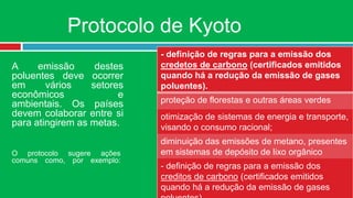 Protocolo de Kyoto
                            - definição de regras para a emissão dos
A     emissão      destes   credetos de carbono (certificados emitidos
poluentes deve ocorrer      quando há a redução da emissão de gases
em      vários    setores   poluentes).
econômicos              e
ambientais. Os países       proteção de florestas e outras áreas verdes
devem colaborar entre si    otimização de sistemas de energia e transporte,
para atingirem as metas.    visando o consumo racional;
                            diminuição das emissões de metano, presentes
O protocolo sugere ações    em sistemas de depósito de lixo orgânico
comuns como, por exemplo:
                            - definição de regras para a emissão dos
                            creditos de carbono (certificados emitidos
                            quando há a redução da emissão de gases
 