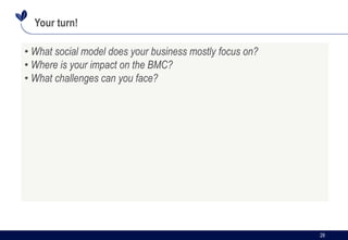 28Yunus Social Business 28
Your turn!
• What social model does your business mostly focus on?
• Where is your impact on th...