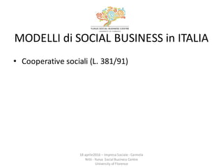 MODELLI	
  di	
  SOCIAL	
  BUSINESS	
  in	
  ITALIA
• Cooperative	
  sociali	
  (L.	
  381/91)
18 aprile2016	
  – Impresa	...