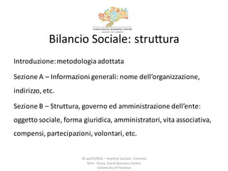 Bilancio	
  Sociale:	
  struttura
Introduzione:	
  metodologia	
  adottata
Sezione	
  A	
  – Informazioni	
  generali:	
  ...