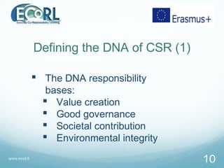 Defining the DNA of CSR (1)
 The DNA responsibility
bases:
 Value creation
 Good governance
 Societal contribution
 E...