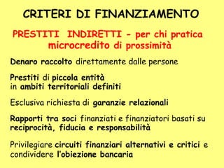 CRITERI DI FINANZIAMENTO
Denaro raccolto direttamente dalle persone
Prestiti di piccola entità
in ambiti territoriali definiti
Esclusiva richiesta di garanzie relazionali
Rapporti tra soci finanziati e finanziatori basati su
reciprocità, fiducia e responsabilità
Privilegiare circuiti finanziari alternativi e critici e
condividere l’obiezione bancaria
PRESTITI INDIRETTI - per chi pratica
microcredito di prossimità
 