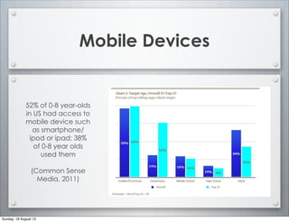 Mobile Devices
52% of 0-8 year-olds
in US had access to
mobile device such
as smartphone/
ipod or ipad; 38%
of 0-8 year olds
used them
(Common Sense
Media, 2011)
Sunday, 18 August 13
 