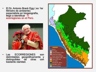 • El Dr. Antonio Brack Egg ( ex 1er
Ministro de ambiente)
especialista en biogeografía,
llegó a identificar 11
ecorregiones en el Perú.
• Las ECORREGIONES son
delimitables geográficamente y
distinguibles de otras con
bastante claridad.
 
