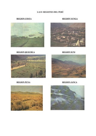 LAS 8 REGIONES DEL PERÚ
REGION COSTA REGION YUNGA
REGION QUECHUA REGION SUNI
REGION PUNA REGION JANCA
 