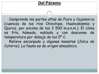 Del PáramoComprende las partes altas de Piura y Cajamarca (cuencas de los ríos Chinchipe, Huancabamba y Quiroz, por encima de los 3 500 m.s.n.m.). El clima es frío, húmedo, nublado y con descenso de temperatura por debajo de los 0º C.Relieve escarpado y algunas mesetas (Jalca de Cutervo). La fauna es de origen amazónico.