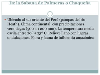 De la Sabana de Palmeras o ChaqueñaUbicado al sur oriente del Perú (pampas del río Heath). Clima continental, con precipitaciones veraniegas (500 a 1 200 mm). La temperatura media oscila entre 20º a 23º C. Relieve llano con ligeras ondulaciones. Flora y fauna de influencia amazónica