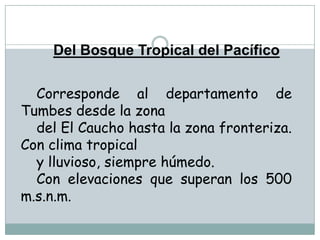 Del Bosque Tropical del PacíficoCorresponde al departamento de Tumbes desde la zona del El Caucho hasta la zona fronteriza. Con clima tropical y lluvioso, siempre húmedo.Con elevaciones que superan los 500 m.s.n.m.