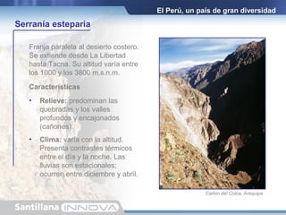 Franja paralela al desierto costero.
Se extiende desde La Libertad
hasta Tacna. Su altitud varía entre
los 1000 y los 3800 m.s.n.m.
El Perú, un país de gran diversidad
Serranía esteparia
Características
• Relieve: predominan las
quebradas y los valles
profundos y encajonados
(cañones).
• Clima: varía con la altitud.
Presenta contrastes térmicos
entre el día y la noche. Las
lluvias son estacionales;
ocurren entre diciembre y abril.
Cañón del Colca, Arequipa.
 