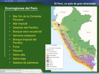 El Perú, un país de gran diversidad
• Mar frío de la Corriente
Peruana
• Mar tropical
• Desierto del Pacífico
• Bosque seco ecuatorial
• Serranía esteparia
• Bosque tropical del
Pacífico
• Puna
• Páramo
• Selva alta
• Selva baja
• Sabana de palmeras
Ecorregiones del Perú
 