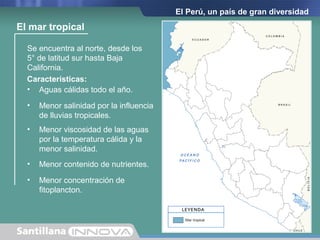 El Perú, un país de gran diversidad
Se encuentra al norte, desde los
5° de latitud sur hasta Baja
California.
El mar tropical
Características:
• Aguas cálidas todo el año.
• Menor salinidad por la influencia
de lluvias tropicales.
• Menor viscosidad de las aguas
por la temperatura cálida y la
menor salinidad.
• Menor contenido de nutrientes.
• Menor concentración de
fitoplancton.
 