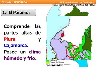 El Páramo
Comprende las
partes altas de
y
.
Posee un
.
1.- El Páramo:
TEMA: «ECORREGIONES ANDINAS DEL PERÚ»
IV- Unidad : GEOGRAFÍA I.E.P «Nuestra Señora de Guadalupe»
