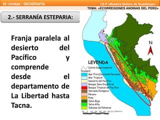 Franja paralela al
desierto del
Pacífico y
comprende
desde el
departamento de
La Libertad hasta
Tacna.
2.- SERRANÍA ESTEPARIA:
TEMA: «ECORREGIONES ANDINAS DEL PERÚ»
IV- Unidad : GEOGRAFÍA I.E.P «Nuestra Señora de Guadalupe»