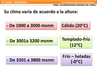 Su clima varía de acuerdo a la altura:
- De 1000 a 3000 msnm
- De 3001a 3200 msnm
- De 3201 a 3800 msnm
Cálido (20°C)
Templado-frío
(12°C)
Frío – heladas
(-0°C)
TEMA: «ECORREGIONES ANDINAS DEL PERÚ»
IV- Unidad : GEOGRAFÍA I.E.P «Nuestra Señora de Guadalupe»