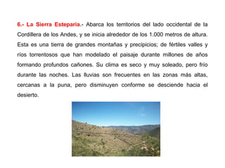 6.- La Sierra Esteparia.- Abarca los territorios del lado occidental de la
Cordillera de los Andes, y se inicia alrededor de los 1.000 metros de altura.
Esta es una tierra de grandes montañas y precipicios; de fértiles valles y
ríos torrentosos que han modelado el paisaje durante millones de años
formando profundos cañones. Su clima es seco y muy soleado, pero frío
durante las noches. Las lluvias son frecuentes en las zonas más altas,
cercanas a la puna, pero disminuyen conforme se desciende hacia el
desierto.
 