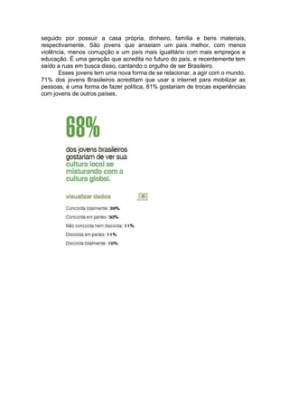 seguido por possuir a casa própria, dinheiro, família e bens materiais,
respectivamente. São jovens que anseiam um país melhor, com menos
violência, menos corrupção e um país mais igualitário com mais empregos e
educação. É uma geração que acredita no futuro do país, e recentemente tem
saído a ruas em busca disso, cantando o orgulho de ser Brasileiro.
Esses jovens tem uma nova forma de se relacionar, a agir com o mundo.
71% dos jovens Brasileiros acreditam que usar a internet para mobilizar as
pessoas, é uma forma de fazer política, 81% gostariam de trocas experiências
com jovens de outros países.
 