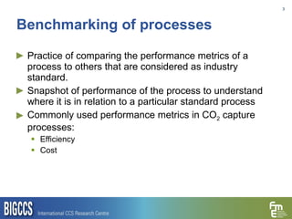 Benchmarking of processes Practice of comparing the performance metrics of a process to others that are considered as industry standard. Snapshot of performance of the process to understand where it is in relation to a particular standard process Commonly used performance metrics in CO 2  capture processes: Efficiency Cost 