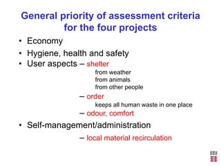 General priority of assessment criteria
for the four projects
• Economy
• Hygiene, health and safety
• User aspects – shel...