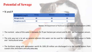 Potential of Sewage
• N and P
Source: UN Department of Technical Cooperation for Development (1985)
• The nutrient value of this water is between Rs 75 per hectare per annum and Rs 400 per hectare per annum.
•
• The only way out is to set up systems wherein this water can be used for irrigation and fertilisation in fields
and horticultural areas.
• The fertilizers along with wastewater worth Rs 1091.20 million are discharged in to the coastal waters from
coastal cities and towns annually (CPCB, 2010).
Category (mg/l) Strong Medium Weak
Nitrogen (as N) 85 40 20
Phosphorus (as P) 20 10 6
 