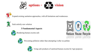 options - vision
Expand existing sanitation approaches, with all limitations and weaknesses.
Seek entirely new solution
3 Fundamental Aspects
Rendering human excreta safe
Preventing pollution rather than attempting it after we pollute
Using safe products of sanitized human excreta for Agri purposes
 