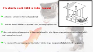 The double vault toilet in India (Kerala)
 Vietnamese sanitation system has been adopted.
 Toilets are built for about USD 100 (INR 4,500), Including superstructure.
 Over each vault there is a drop hole for faeces and a funnel for urine. Between two vault there is a trough over which
anal cleaning is performed.
 The water used for anal cleaning and the urine flow into the evapo-transpiration bed planted with veg. plants.
 