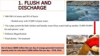 400-500 l of urines and 50 l of faeces
- flushed away with 15,000 l of pure water.
Via a pipe system the bath, kitchen and laundry waste (Grey water)-add up another 15,000-30,000 l
for each person / year.
Pollution Magnification
Final destiny - No treatment
Out of about 38000 million liter per day of sewage generated treatment
capacity exists for only about 12000 million liter per day – CPCB, 2010.
 