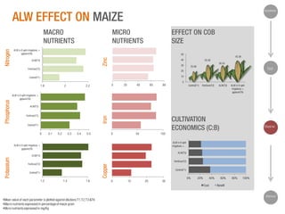 Hypothesis

ALW EFFECT ON MAIZE
MICRO
NUTRIENTS

EFFECT ON COB
SIZE

ALW in 6 split irrigations +
gypsum(T6)

50

Zinc

Nitrogen

MACRO
NUTRIENTS
ALW(T3)

43.36

40

35.58
30.55

30

Fertilizer(T2)

25.66

Test

20
10

Control(T1)

0

2

0

2.2

20

40

60

80

Control(T1)

Fertilizer(T2)

ALW(T3)

ALW in 6 split
irrigations +
gypsum(T6)

ALW in 6 split irrigations +
gypsum(T6)
ALW(T3)
Fertilizer(T2)

Iron

Phosphorus

1.8

CULTIVATION
ECONOMICS (C:B)

Control(T1)

0

0.1

0.2

0.3

0.4

0.5

0

50

Observe

100
ALW in 6 split
irrigations + …

ALW in 6 split irrigations +
gypsum(T6)

ALW(T3)
Fertilizer(T2)
Fertilizer(T2)

Copper

Potassium

ALW(T3)

Control(T1)

1.2

1.4

1.6

Control(T1)

0

10

20

30

0%

20%

40%
Cost

•Mean value of each parameter is plotted against dilutions T1,T2,T3 &T6
•Macro nutrients expressed in percentage of maize grain
•Micro nutrients expressed in mg/Kg

60%

80%

100%

Benefit
Inference

 