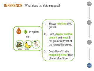 INFERENCE

Hypothesis

What does the data suggest?

1. Shows healthier crop
growth
ALW

G in splits
on

6 splits

2. Builds higher nutrient
content and mass in
the grain/fruit/root of
the respective crops.

Test

Observe

8 splits

3. Cost- Benefit ratio
marginally better than
chemical fertilizer
Inference

 