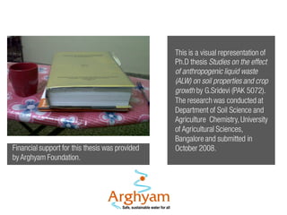 Financial support for this thesis was provided
by Arghyam Foundation.

This is a visual representation of
Ph.D thesis Studies on the effect
of anthropogenic liquid waste
(ALW) on soil properties and crop
growth by G.Sridevi (PAK 5072).
The research was conducted at
Department of Soil Science and
Agriculture Chemistry, University
of Agricultural Sciences,
Bangalore and submitted in
October 2008.

 